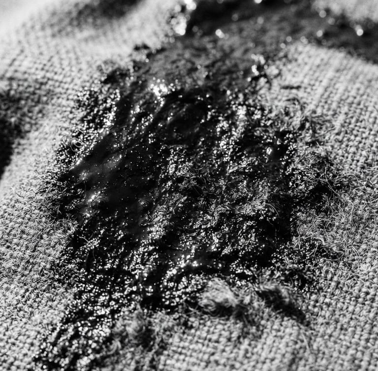 Extreme close-up of thick wet black ink texture on raw heavyweight grey cotton fabric, harsh direct sunlight, high-contrast, 35mm film grain