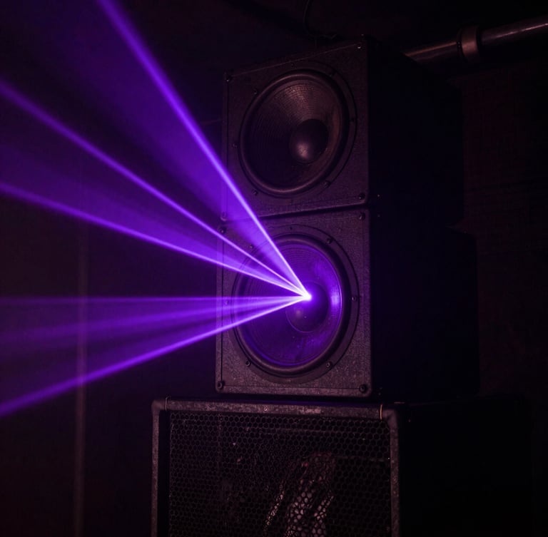 Close-up of a custom-tuned subwoofer stack in a dark subterranean club, sharp electric violet laser beams slicing across the metal grille, heavy haze, high contrast, deep shadows, 35mm