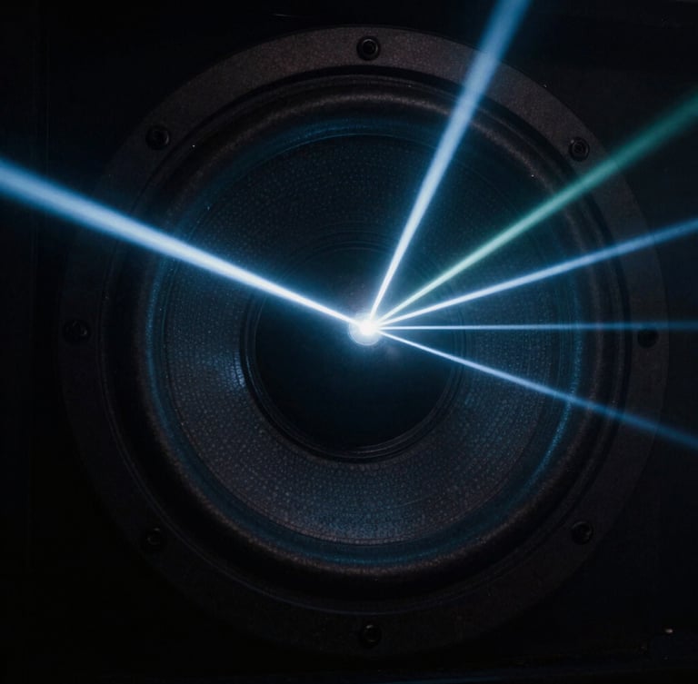 Extreme close-up of a custom-tuned subwoofer cone vibrating, dark atmospheric club photography, sharp neon laser beams cutting through heavy haze, deep shadows, 35mm