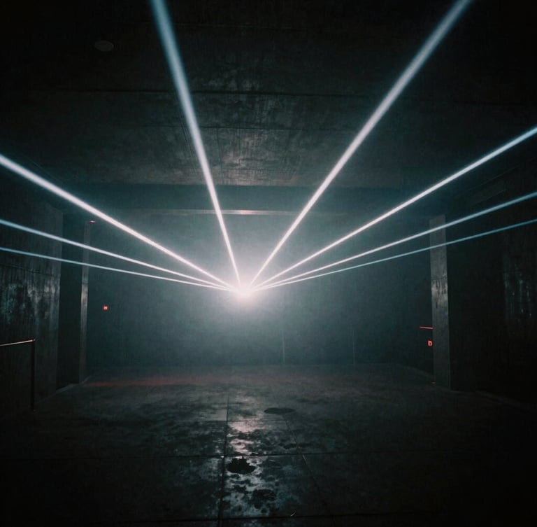 Abstract light beams cutting through heavy haze in a raw concrete subterranean room, dark atmospheric club photography, high contrast, 35mm