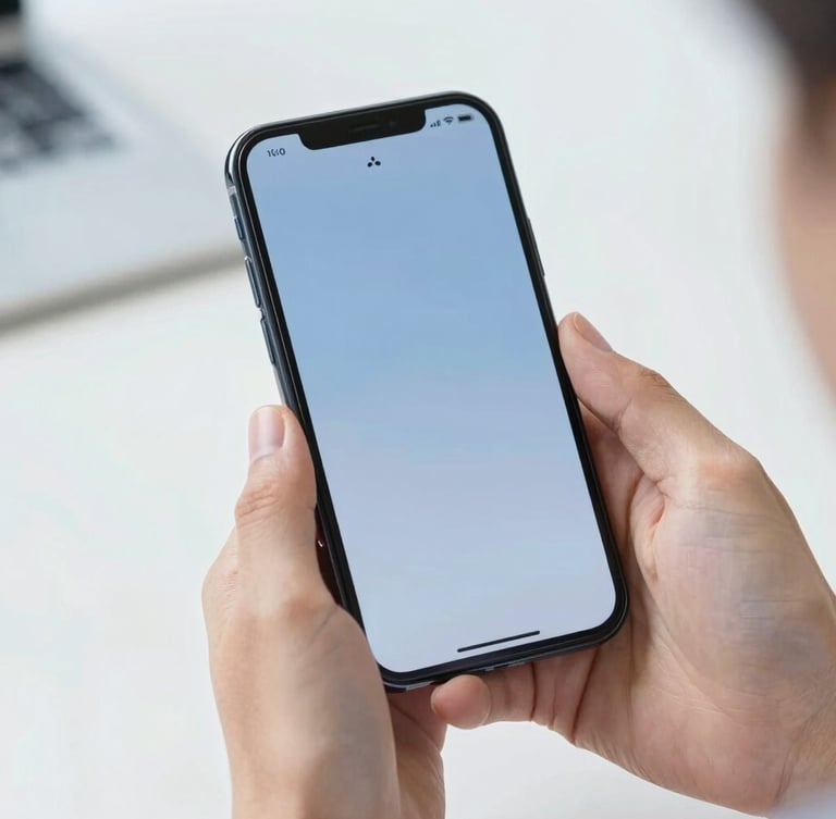 Close up of hands holding a sleek modern smartphone displaying a strong signal strength indicator, bright natural daylight, clean blue and white tones