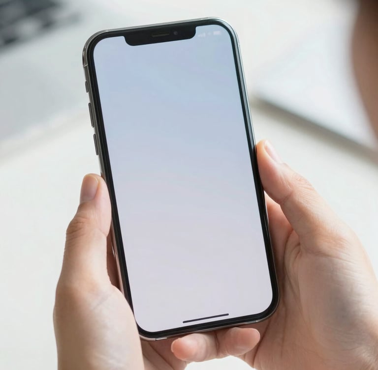 A close-up of a modern smartphone held by hands in bright daylight, showing a clean connection screen with soft blue and white tones, shallow depth of field
