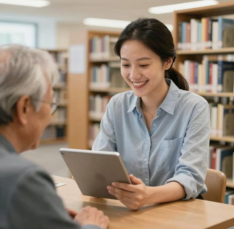 Bright, natural medium shot of a local librarian smiling while helping an elderly resident navigate a tablet in a well-lit public library with books in the background.