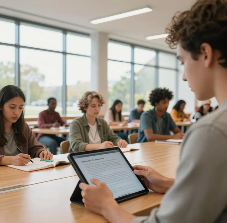 Bright, natural environmental shot of a diverse group of community members inside a modern public library, one person using a tablet with high-contrast text, soft window light, high clarity, wide angle.