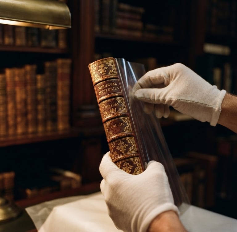 Macro close-up of hands carefully wrapping a vintage gold-embossed book spine in protective archival mylar, warm low-key lighting, dark mahogany wood background