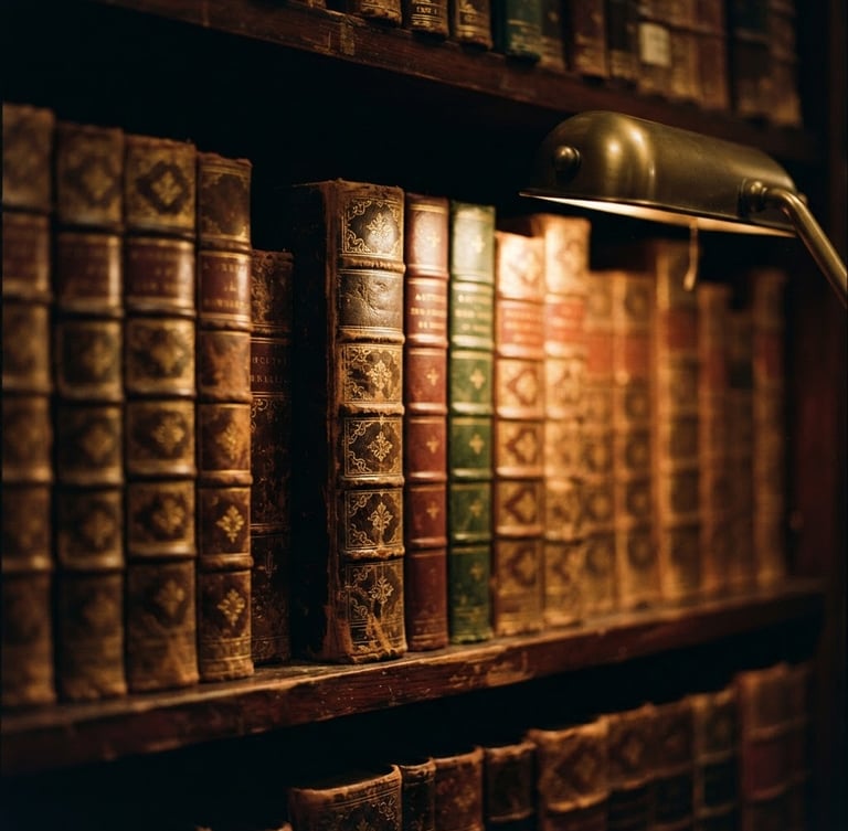 Macro close-up of gold-embossed leather book spines on a dark mahogany shelf, warm dramatic desk lamp light, shallow depth of field, 35mm film style