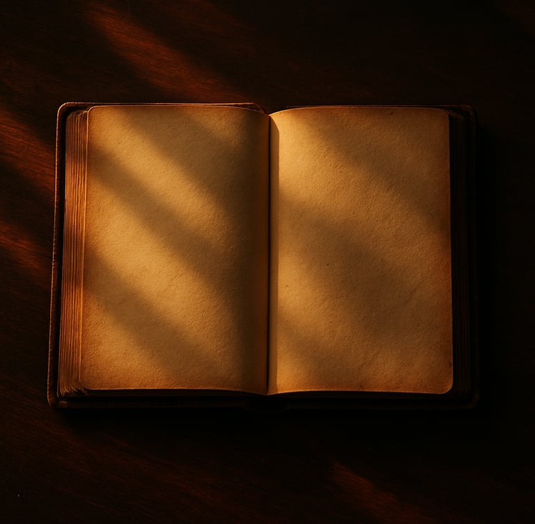 Overhead flat-lay of a rare leather-bound book open on a dark mahogany desk, warm golden-hour window light casting long shadows across aged paper edges