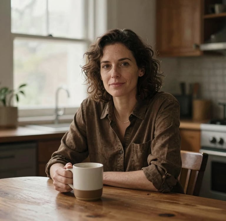 Warm editorial portrait of an advisor sitting at a wooden kitchen table with a ceramic coffee mug, soft natural window light, rich muted earth tones, shallow depth of field, 35mm