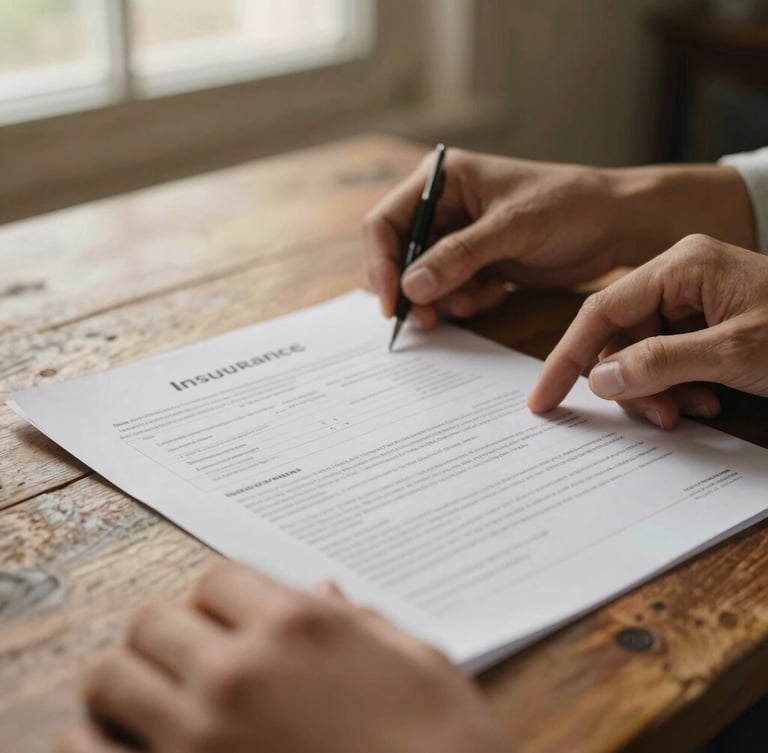 A close-up shot of hands reviewing printed insurance documents on a rustic table, warm golden light, soft focus, 35mm