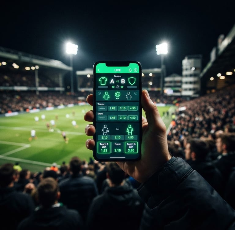 Dynamic high-contrast mockup of a modern sports betting interface on a smartphone screen, glowing neon green odds, dark stadium background with floodlights, 35mm lens