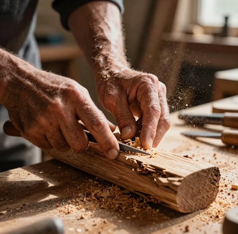 Close-up of weathered hands carving a piece of local wood in a sunlit workshop, sawdust floating in the warm light beams, rustic tools in the background.