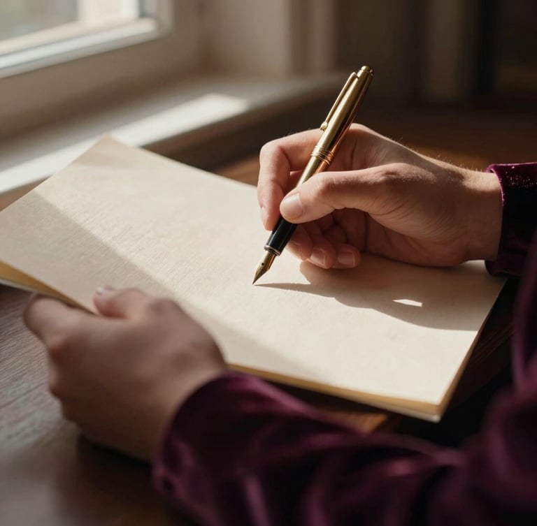 Close-up of elegant hands holding a heavy gold fountain pen over thick cream linen paper. Warm, dramatic window light with soft shadows, deep plum velvet sleeve in the frame, shallow depth of field, 35mm.