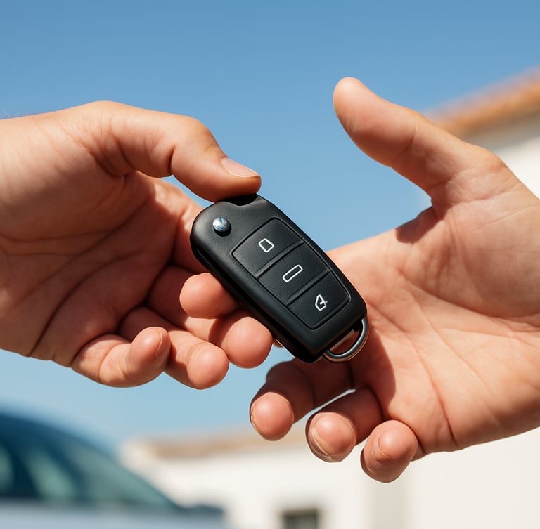 Close-up of hands handing over modern car keys under bright Mediterranean sunlight, high-contrast clean tones, crisp editorial automotive photography