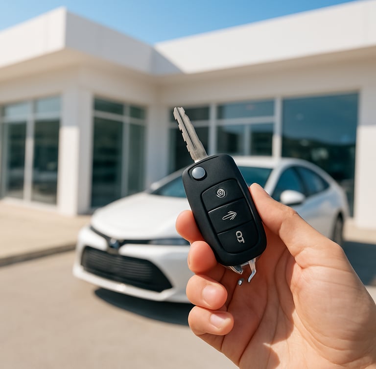 Gros plan sur des mains tenant des clés de voiture modernes devant une agence de location propre et lumineuse, lumière du jour méditerranéenne.