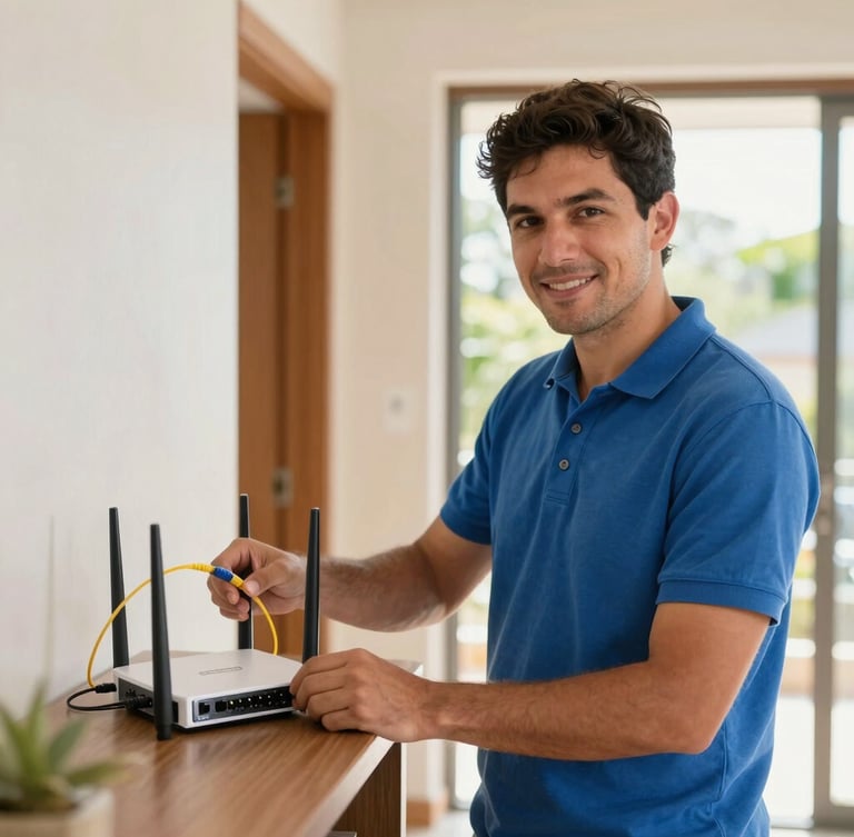 Bright lifestyle portrait photography of a local technician in a blue polo shirt installing a sleek fiber optic router in a warm Portovelo home, natural daylight, 35mm.