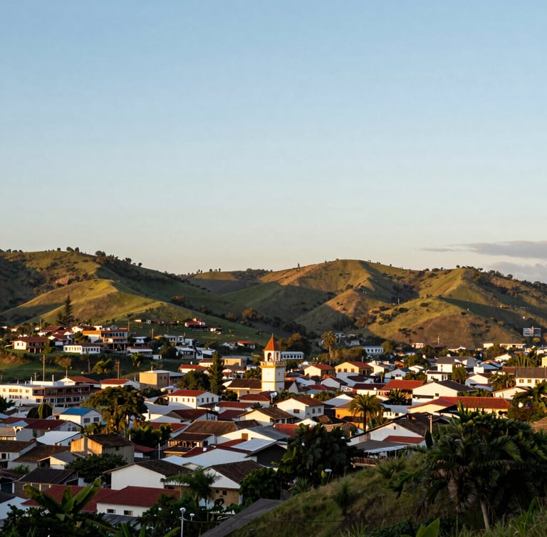 Wide panoramic sunset view of Portovelo, Ecuador, nestled in the green hills of El Oro, soft golden light, clean composition, 35mm