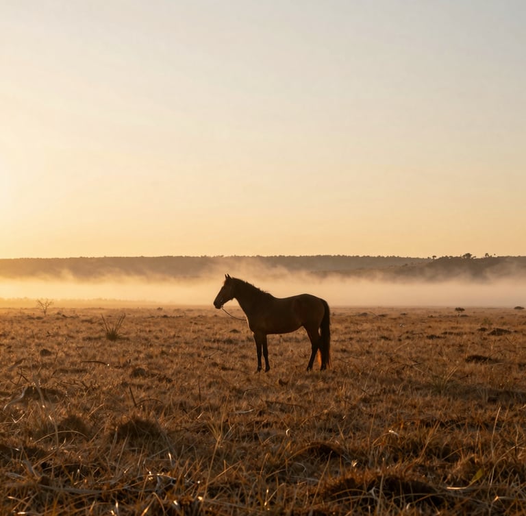 Wide environmental shot of the flat Alegrete Pampa horizon at sunrise, a single horse standing in the soft morning mist, natural warm golden hour lighting.