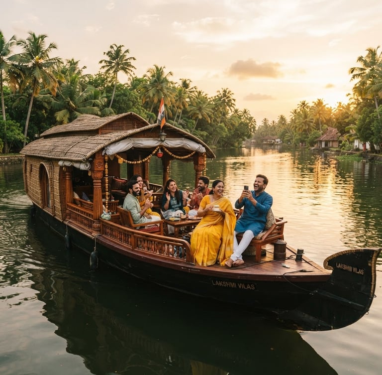 Wide panoramic shot of Indian travelers joyfully exploring the backwaters of Kerala in a houseboat at golden hour, warm natural sunlight, rich saturated tropical tones, shallow depth of field.