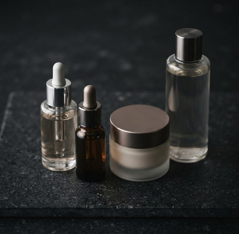 Luxury cosmetic glass bottles on a dark stone surface, soft dramatic studio lighting, metallic reflections, minimalist high-end editorial style