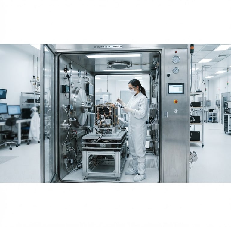 Wide panoramic shot of a modern environmental testing chamber, showing an engineer in a cleanroom inspecting a product inside, bright clinical white studio lighting, sharp focus, cool desaturated tones, high-precision macro details, 50mm