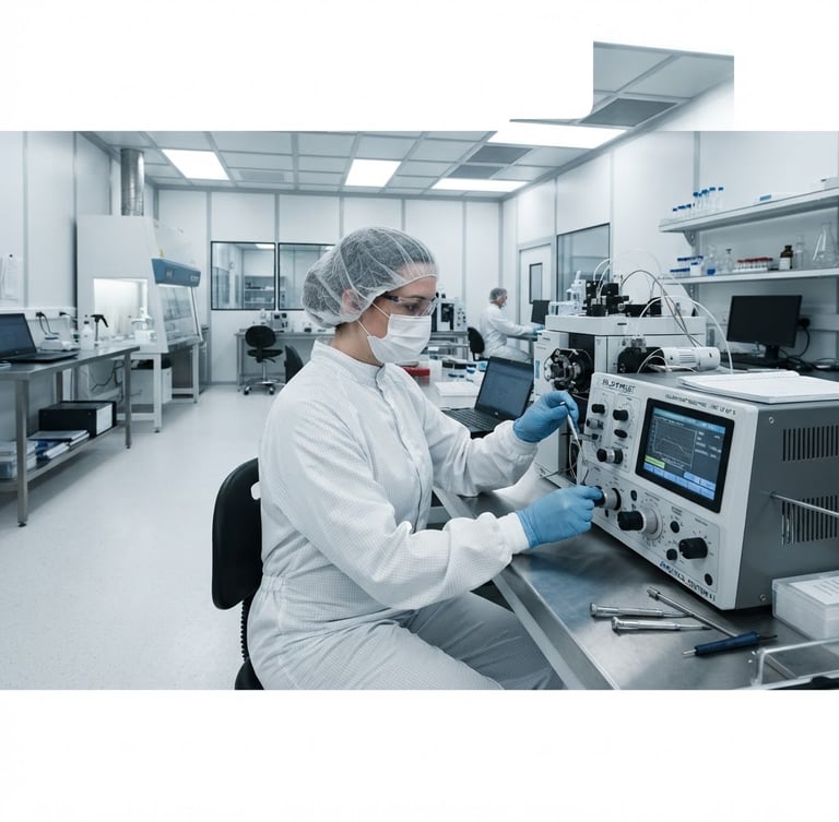 Wide panoramic shot of a cleanroom laboratory, a Solid Thrust Scientific engineer in a clean suit calibrating a high-precision analytical instrument, sharp focus on the technician's hands and the instrument interface, bright clinical white studio lighting, cool desaturated tones, 50mm.