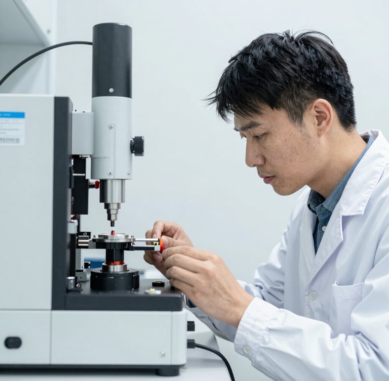 Service engineer in a cleanroom performing calibration on a complex scientific instrument, focused expression, bright white studio lighting, sharp focus, cool desaturated tones, 50mm