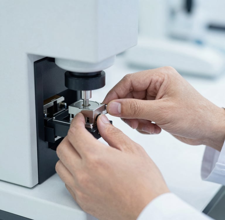 Close-up of a chemist's hands adjusting a high-precision analytical instrument's interface in a clean laboratory, bright clinical lighting, sharp focus, cool desaturated tones, 50mm.