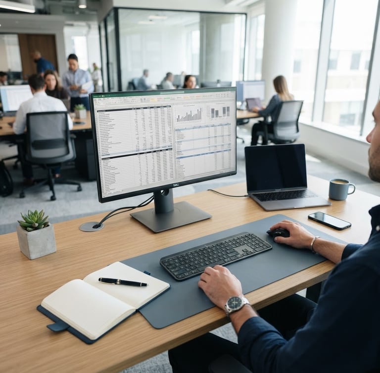 Cool editorial office photography, bright natural daylight, crisp blue and slate tones, sharp focus, a high-angle organized desk with structured financial ledgers on a screen and modern hardware.