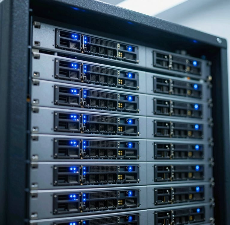Close-up of high-end network server equipment with glowing blue indicator lights, clean and structured, cool-toned daylight, sharp focus, 35mm lens.