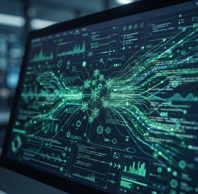 Macro shot of a high-end digital interface showing secure API endpoints and green data streams, bright cool studio lighting, sharp focus, 35mm