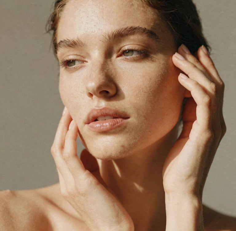 Editorial close-up of radiant, healthy skin with warm golden undertones, elegant hands gently touching a serene face, soft natural daylight, shallow depth of field, 35mm film