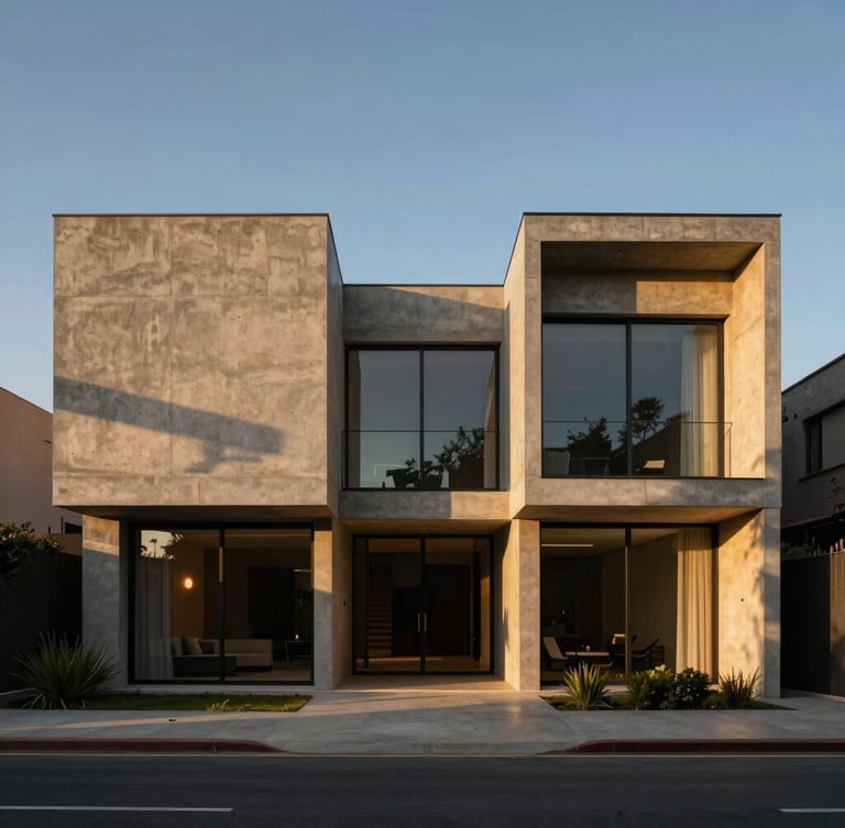 Cinematic architectural photography of a modern luxury concrete villa in Santiago at golden hour, symmetrical facade, deep shadows, warm ambient light glowing from inside, 35mm lens editorial.