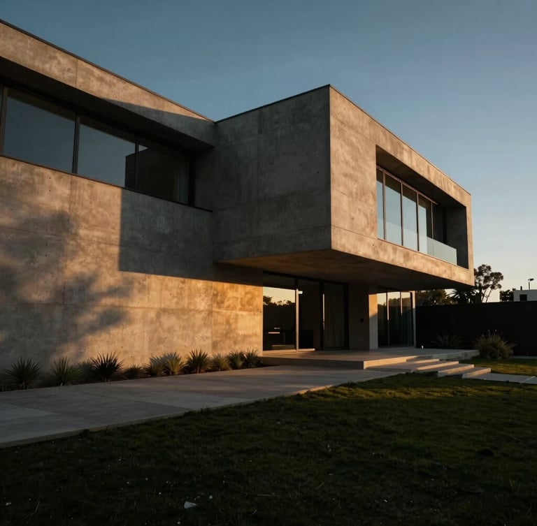Cinematic wide-angle shot of a luxury modern minimalist villa in Santiago, Chile at golden hour, concrete and glass facade, deep dramatic shadows, editorial architectural photography, 35mm