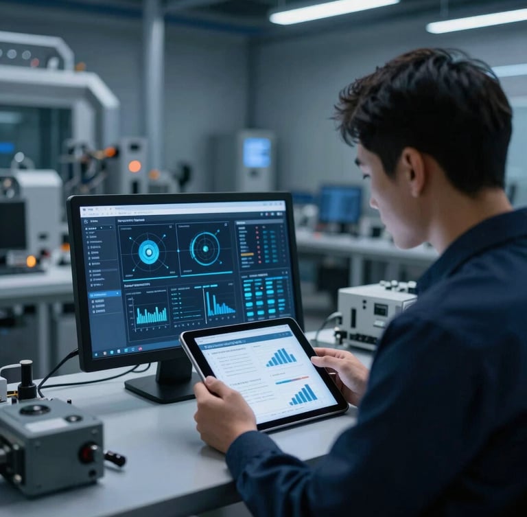 An engineer analyzing system dashboards on a tablet in a real mechanical room, cool crisp lighting, deep blue tones, 35mm
