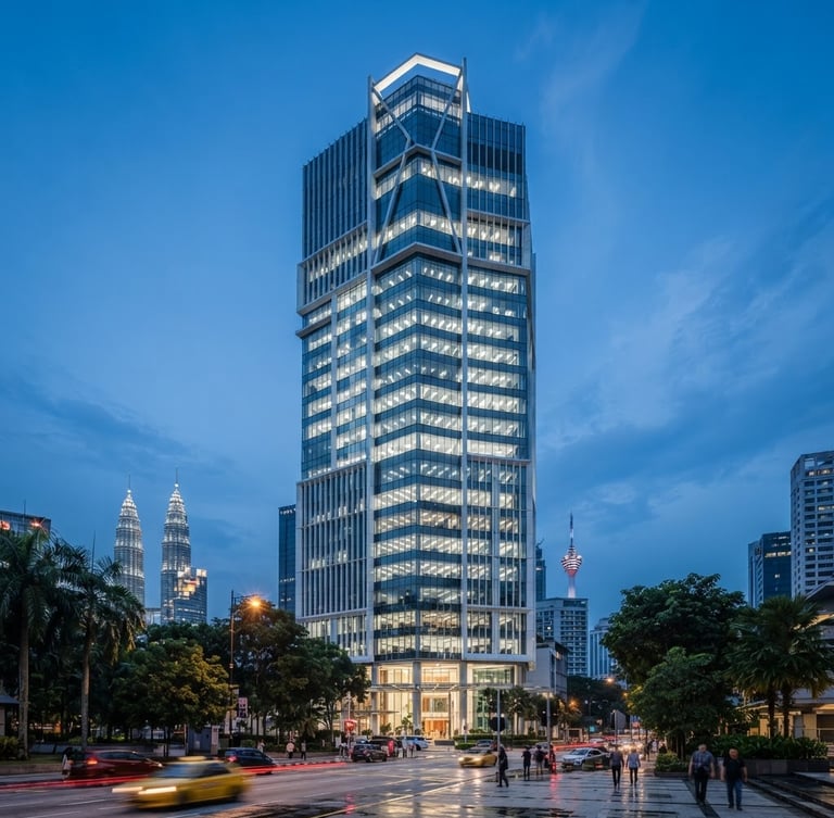 Crisp architectural photograph of a modern 30-story commercial tower exterior in Kuala Lumpur, cool blue twilight sky, sharp focus, 35mm
