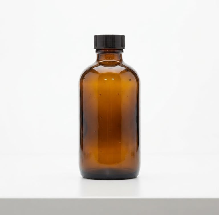 Centered straight-on product shot of a single amber glass bottle of Aevum Clinical supplements on a stark white clinical surface, high-key studio lighting, sharp focus, 85mm