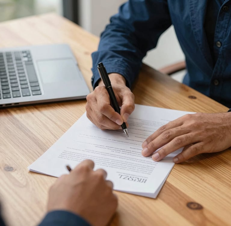 Close-up of hands signing legal LLC registration documents on a clean wooden desk with a laptop nearby, warm natural daylight, shallow depth of field