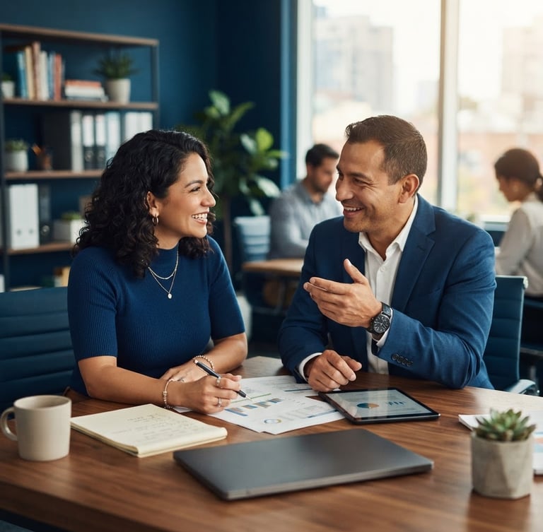 Warm editorial photo of a Latino financial advisor talking approachably with a client in a sunlit modern office, shallow depth of field, natural daylight, rich deep blue tones