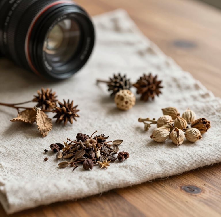 Macro photograph of dried botanicals and raw linen fabric on a wooden table, soft morning light, shallow depth of field
