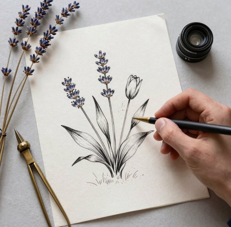 A flat lay of hand-drawn botanical ink sketches on raw cotton paper, surrounded by dried lavender stems and vintage brass drafting tools under soft morning light.