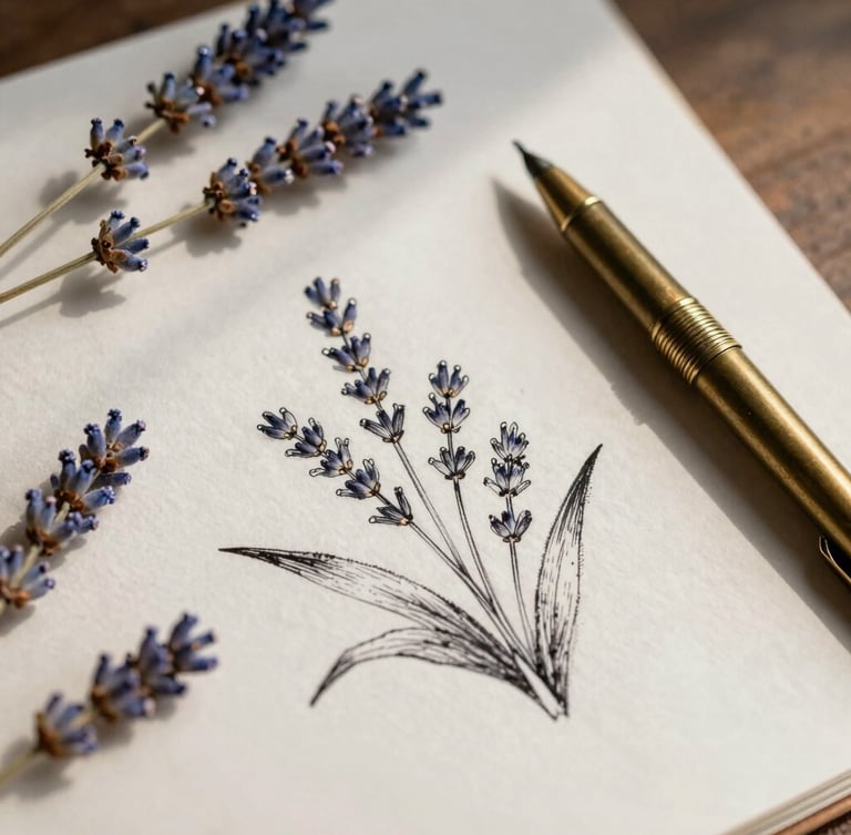 A close-up flat lay of hand-drawn botanical ink sketches on textured raw paper, surrounded by dried lavender stems and a vintage brass drafting pen, soft morning light casting long gentle shadows.