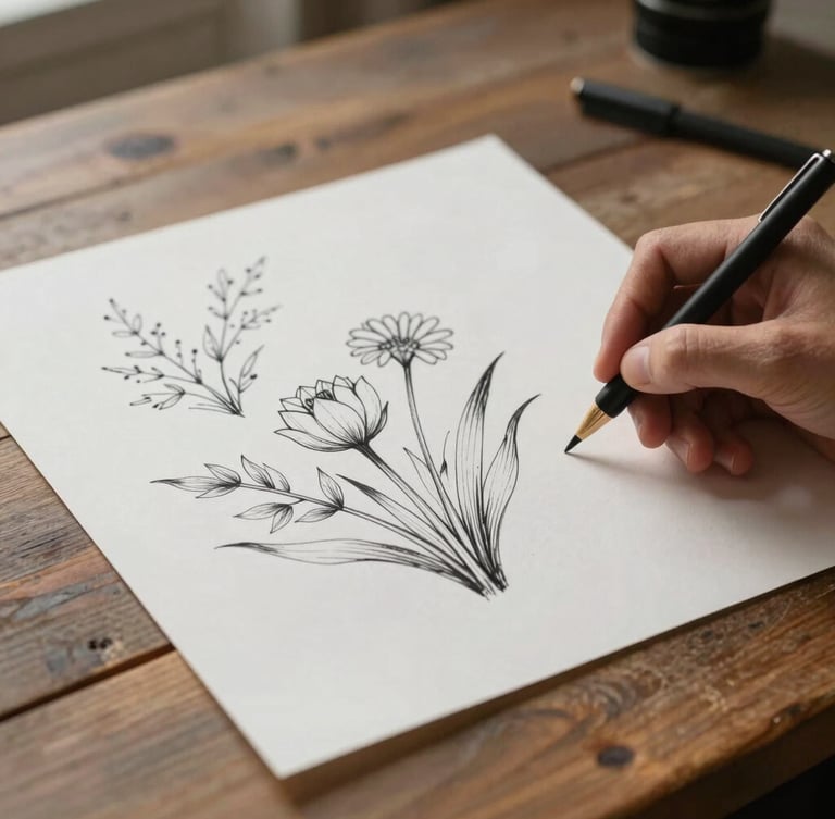 Wide off-center composition of raw paper textures and hand-drawn ink botanical sketches on a rustic wooden table, soft diffused morning light with gentle natural shadows