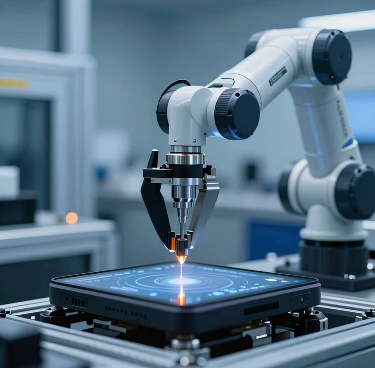 Macro close-up of a robotic arm calibrating a smart device on an assembly line, cool blue industrial lighting with a sharp orange indicator light, high contrast.