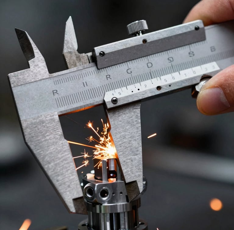Extreme macro close-up of high-precision metal calipers measuring a physical robotic joint prototype, high-contrast industrial lighting with warm orange sparks.