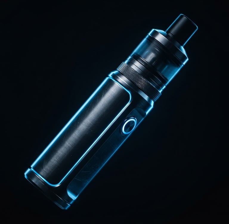 Macro shot of a sleek metallic vape device with electric blue rim lighting, dark studio product photography, 8k resolution
