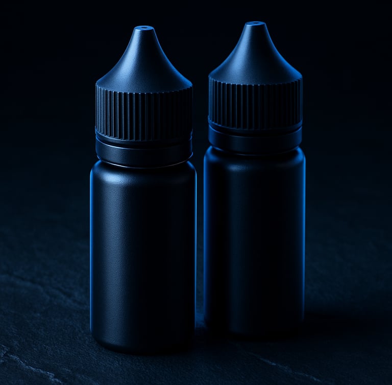 Minimalist premium e-liquid bottles on dark slate surfaces, dramatic electric blue rim lighting, macro shot