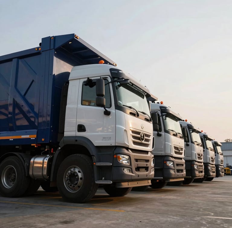 Low-angle heroic shot of massive heavy-duty municipal trucks lined up in a clean industrial yard under high-key overcast daylight, steel and chrome details