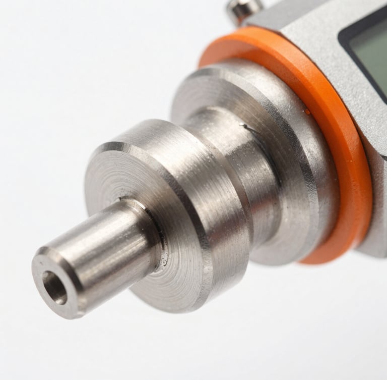 Macro close-up of a digital micrometer measuring a freshly machined titanium component with sharp metallic reflections and high-key studio lighting, vivid orange accent light.