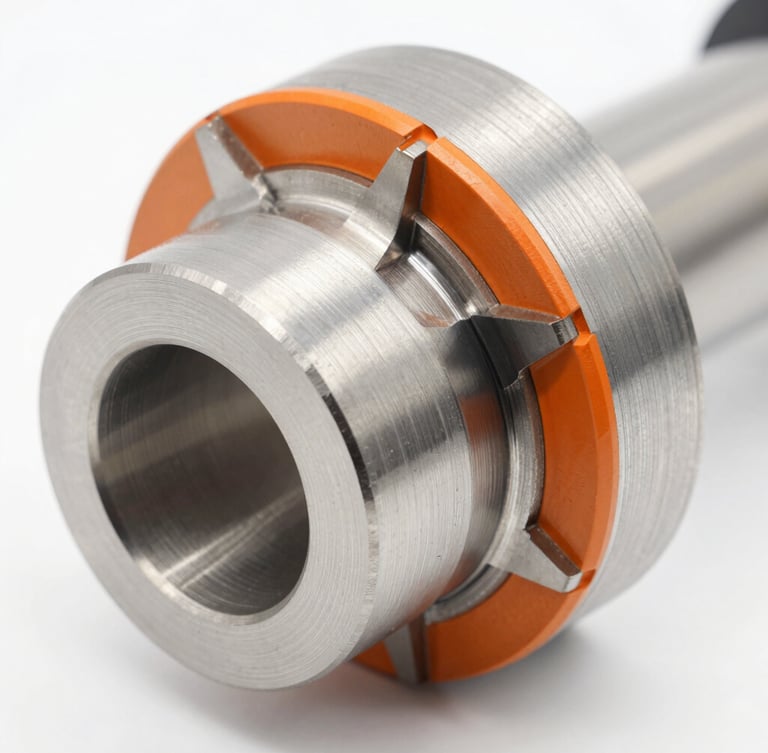 Bright high-key industrial photography, crisp studio light, sharp metallic reflections, close-up of a freshly machined aerospace component with visible tool paths, macro depth of field