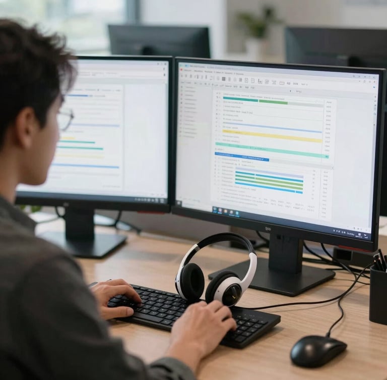 Crisp over-the-shoulder shot of a professional workstation with dual monitors showing clean data analytics, cool natural office light, modern headset resting on the keyboard, blurred background